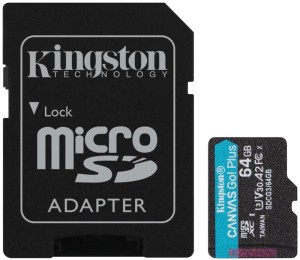 Карта памяти Kingston Canvas Go! Plus microSDXC 64 ГБ Class 10, V30, A2, UHS-I U3, R/W 170/70 МБ/с, адаптер на SD