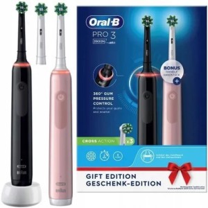 Электрическая зубная щетка Oral-B Pro 3 3900 Duo с дополнительной насадкой, 2 штуки, розовый/черный