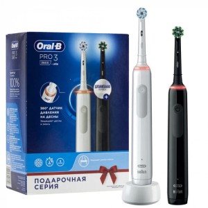 Электрическая зубная щетка Oral-B Pro 3 3900 Duo с дополнительной насадкой, 2 штуки, белый/черный