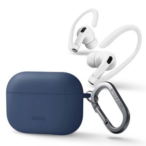 Чехол с карабином Uniq NEXO Liquid silicone + Sports ear hooks для AirPods Pro 2, синий (AIRPODSPRO2-NEXOBLU)