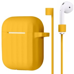 Чехол ребристый Bruno для AirPods с карабином и держателем наушников (Желтый)