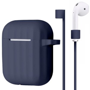 Чехол ребристый Bruno для AirPods с карабином и держателем наушников (Синий)