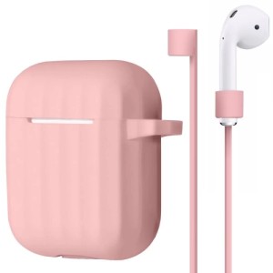 Чехол ребристый Bruno для AirPods с карабином и держателем наушников (Розовый)