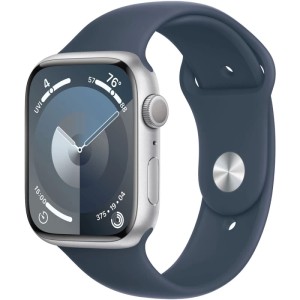 Apple Watch Series 9 GPS 45mm Silver Aluminium Case with Storm Blue Sport Band (Белые/Синие)